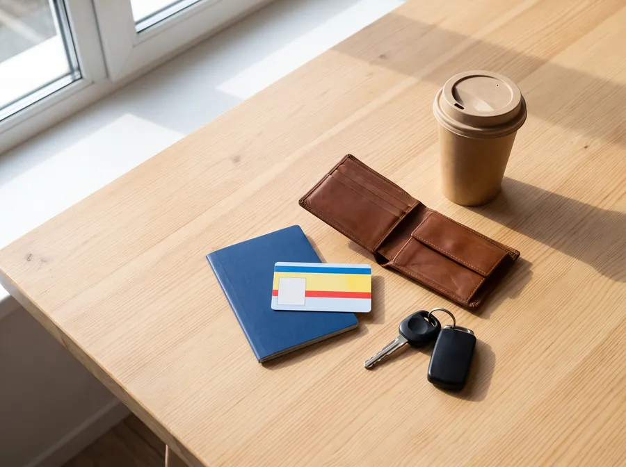 Passport, ID card, wallet, keys and coffee on a table